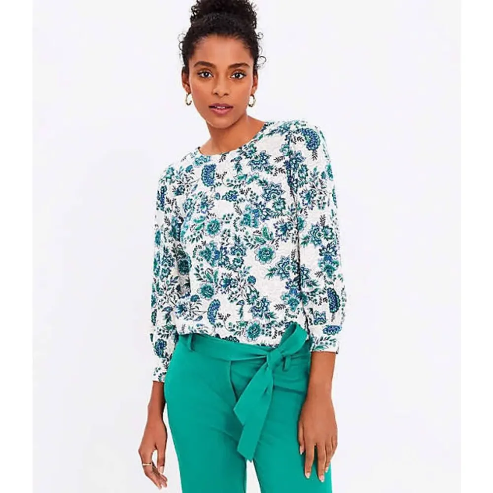 Loft Women's Garden‎ Puff Sleeve Green Blue Floral Paisley Sweatshirt Size XS